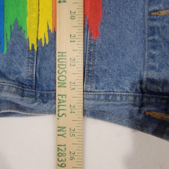 M&M Rainbow Vibes Denim Jean Jacket Large Pride Distressed - Picture 7 of 16